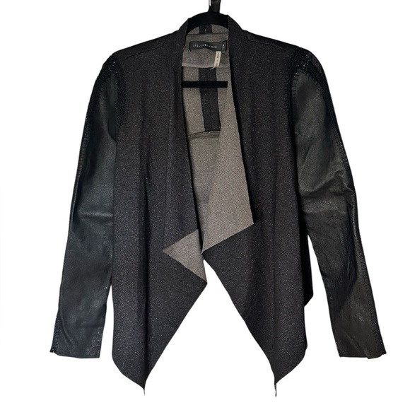 Stella Jamie  Jacket Open Asymmetric Hem Crochet Drape Leather Sleeve Size Large - Picture 1 of 6